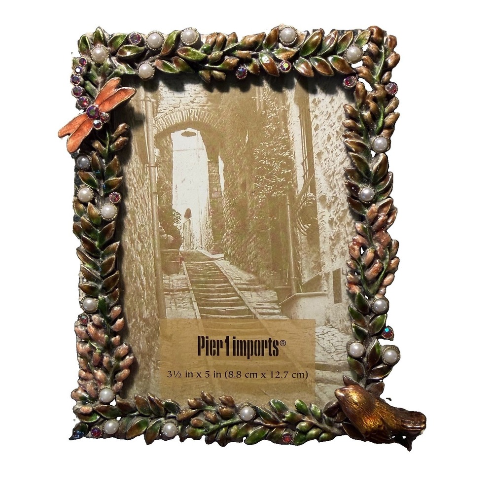 Ornate Enameled Pearl Rhinestone Jeweled 3D Bird Dragonfly Picture Frame 3.5x5''